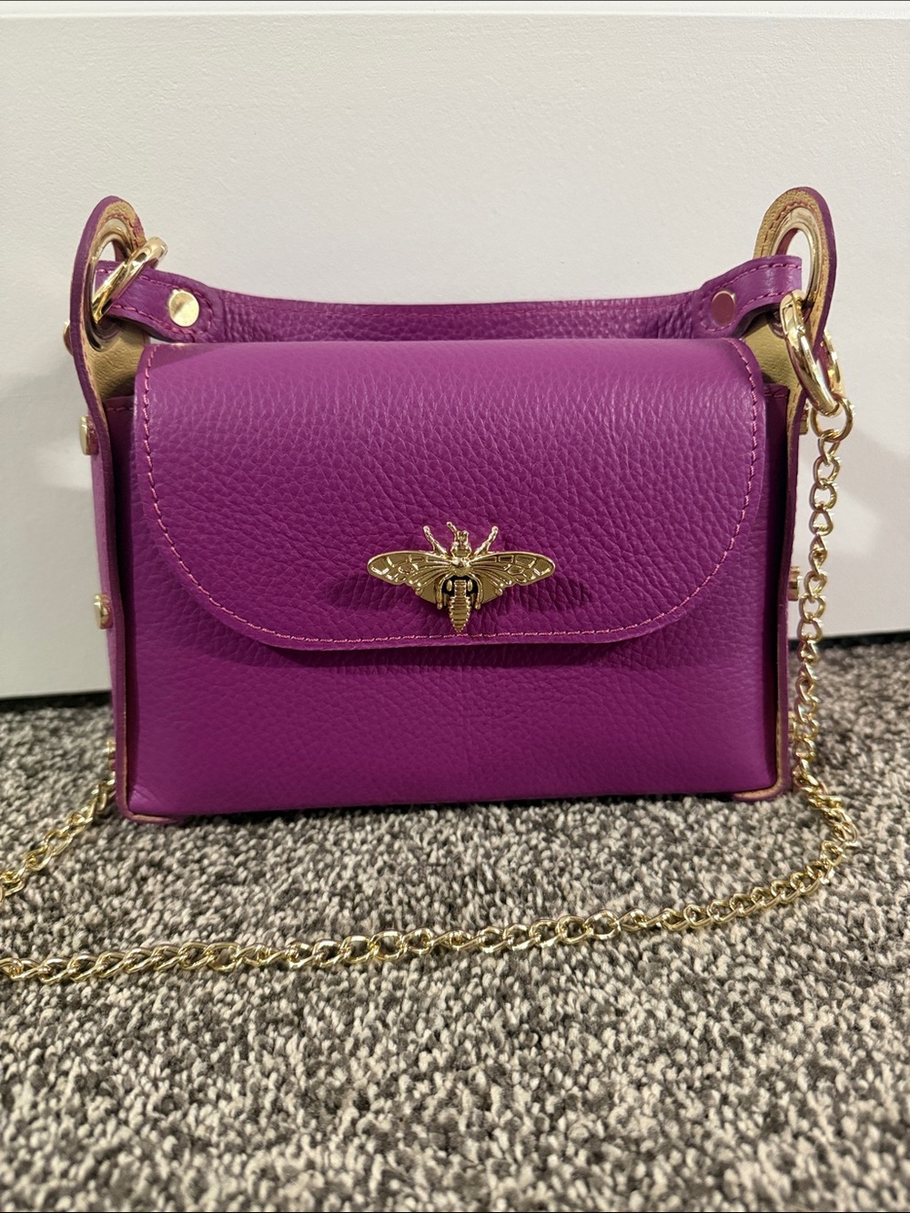 Italian Genuine Leather Golden Mini Bee Crossbody Bag, Purple